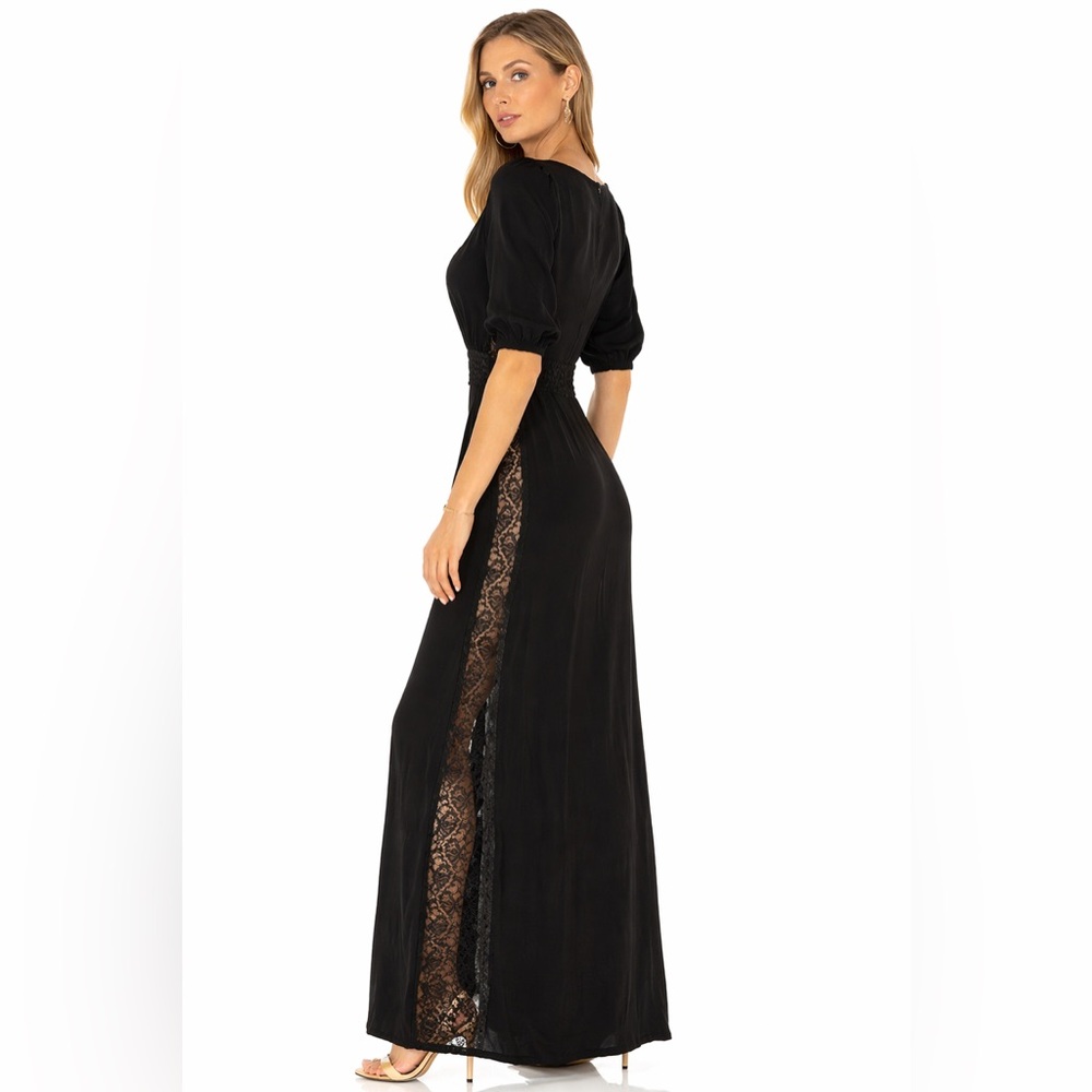 Candela 100% Silk Black Maxi Dress with Lace Side Panels – Medium